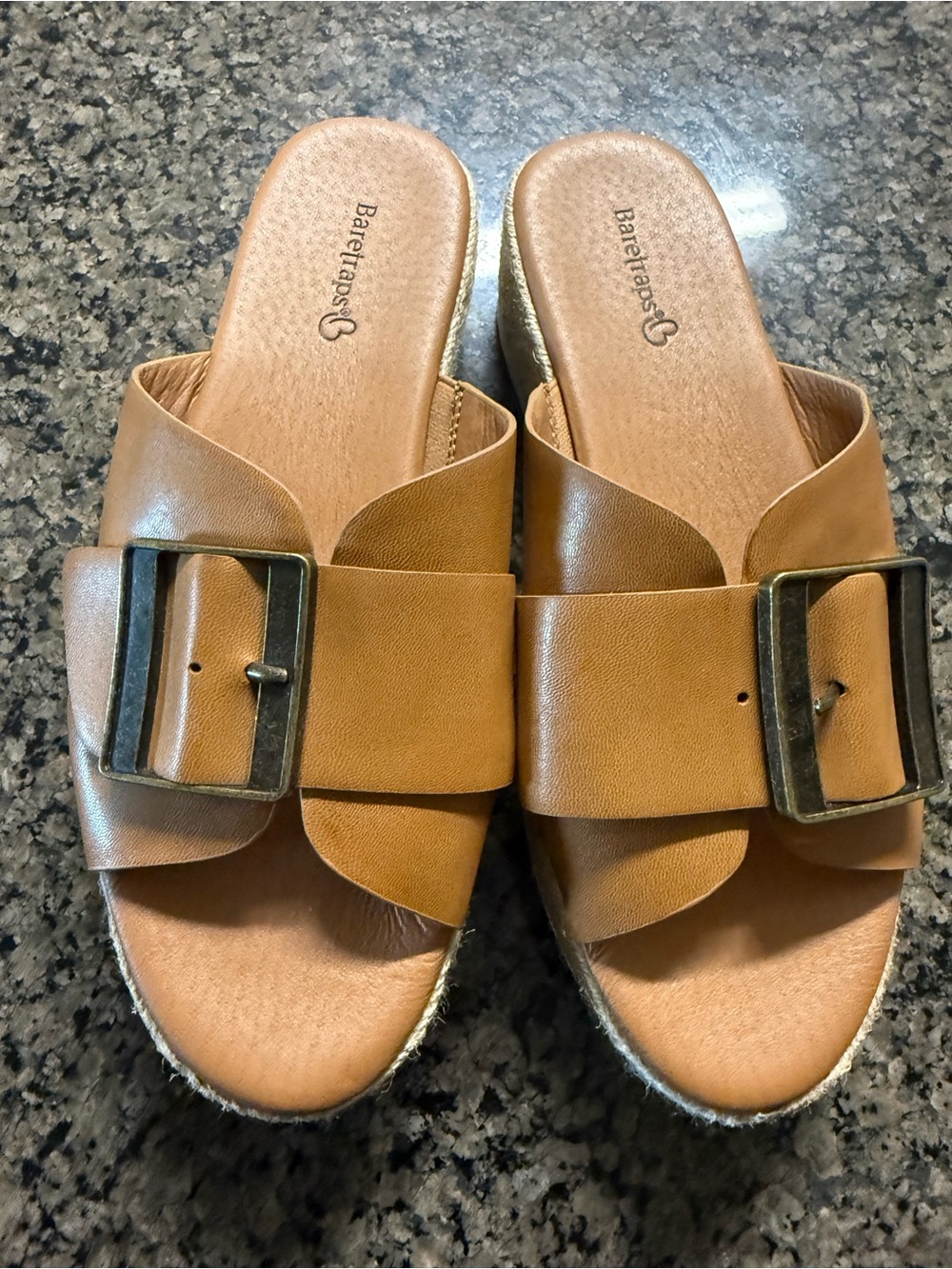 BareTraps Women's Tan Slip-On Buckle Mules